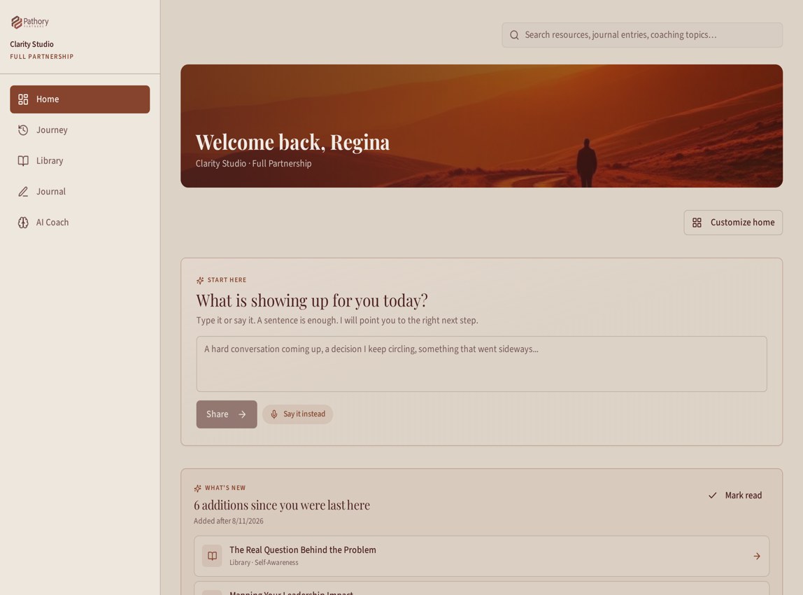 Clarity Studio home screen with a daily check-in prompt and a What's New list