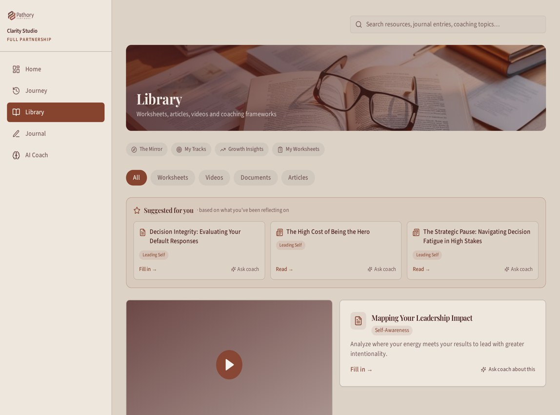 Clarity Studio library with worksheets, videos and articles suggested by track